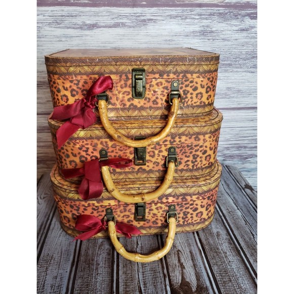 Decorative Travel Chest Paperboard Boxes Set of 3 Small Travel Antique Suitcases - Picture 1 of 6